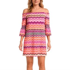 Trina Turk Off Shoulder Bell Sleeve Dress Multicolor Chevron Boho Chic Medium